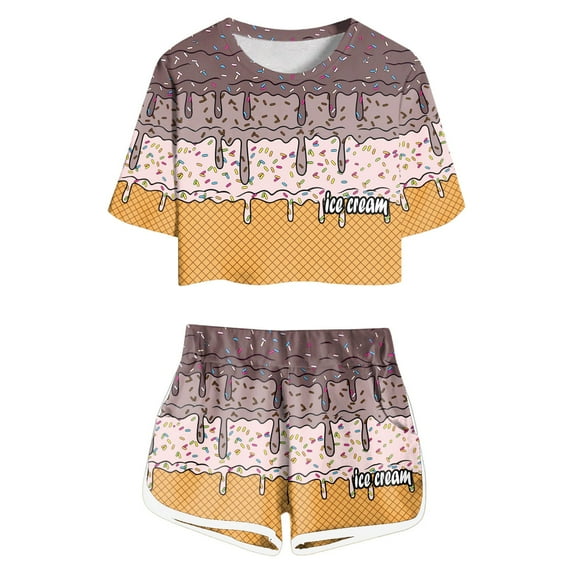 Gbsyewxs Girls Outfits 2 Piece Lapel Short Sleeve Ice Cream Print Top With Shorts Set Loungewear Summer Girls Clothes Set Coffee Size 6-7 Years