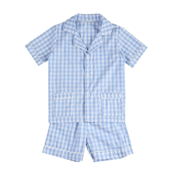 Gbsyewxs Girls Outfits 2 Piece Lapel Short Sleeve Plaid Print Tops And Shorts Set Loose Summer Girls Clothes Set Blue Size 6-12 Months