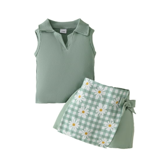 Gbsyewxs Girls Outfits 2 Piece Lapel Sleeveless Tops And Plaid Floral Print Bow Skirts Set Casual Summer Girls Clothes Set Green Size 2-3 Years