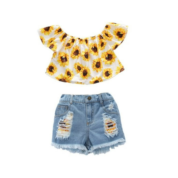 Gbsyewxs Girls Outfits Crew Neck Flutter Sleeve Sunflower Print Tops And Denim Ripped Shorts Set With Headband Casual 3 Piece Summer Girls Clothes Set Yellow Size 2-3 Years