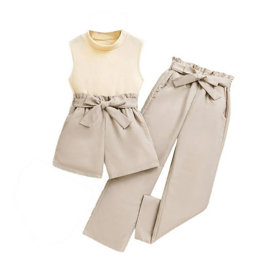 Gbsyewxs Girls Outfits Crew Neck Sleeveless Solid Color Tops Bow Waist Shorts And Pants Set Casual 3 Piece Summer Girls Clothes Set Beige Size 10-11 Years