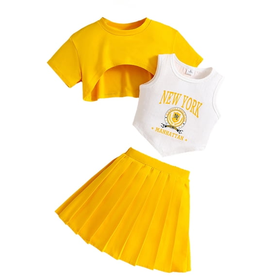 Gbsyewxs Girls Outfits Crew Neck Strappy Letter Print Vest With Short Sleeve Coat And Shorts Set Casual 3 Piece Summer Girls Clothes Set Yellow Size 4-5 Years