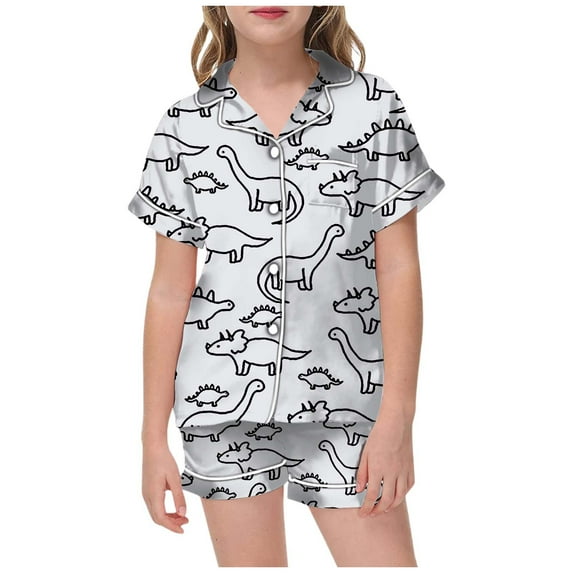 Gbsyewxs Girls Outfits Pajama Sets Lapel Short Sleeve Hand Painted Dinosaur Print Loungewear 2 Piece Summer Girls Clothes Set Light Gray Size 8-9 Years