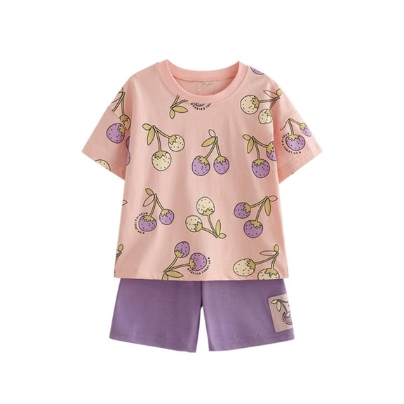 Gbsyewxs Girls Outfits Set 2 Piece Short Sleeve Crew Neck Cartoon Cherry Print Tops With Shorts Set Loungewear Summer Baby Girl Clothes Dark Purple