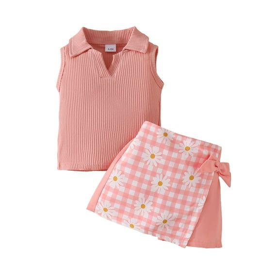 Gbsyewxs Girls Outfits Sets 2 Piece Lapel Sleeveless Tops And Plaid Floral Print Bow Skirts Set Casual Summer Toddler Outfits Red Size 18-24 Months