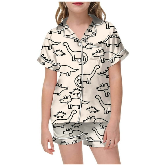 Gbsyewxs Girls Outfits Sets Pajama Sets Lapel Short Sleeve Hand Painted Dinosaur Print Loungewear 2 Piece Summer Toddler Outfits Beige Size 2-3 Years