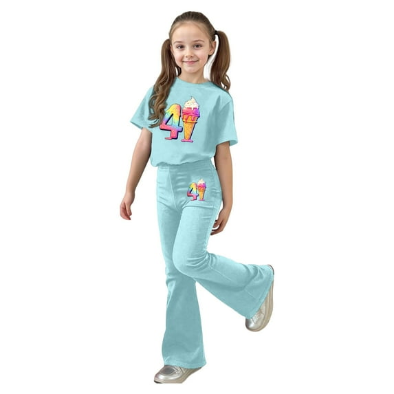 Gbsyewxs Girls Outfits Sets Short Sleeve Crew Neck Cartoon Number Print Tops And Flared Pants Set 2 Piece Casual Summer Toddler Outfits Mint Green Size 9-10 Years