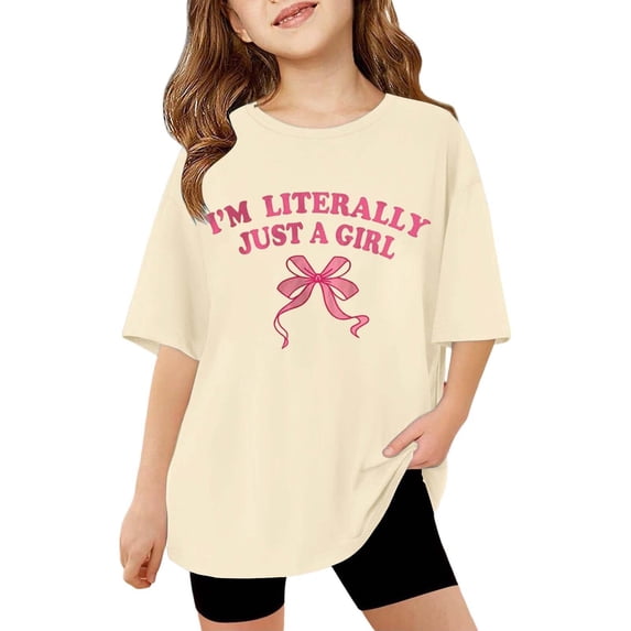 Gbsyewxs Girls Shirts Crew Neck Short Sleeve Letter Bow Print Loose Summer Shirts For Girls Beige Size 5-6 Years