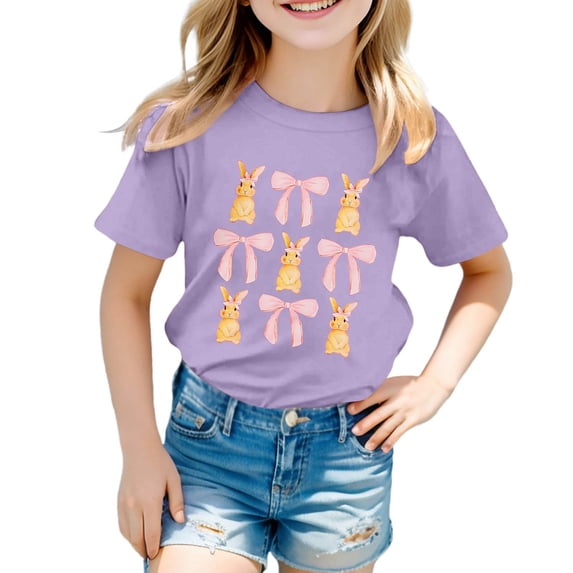 Gbsyewxs Girls Shirts Short Sleeve Crew Neck Bow Bunny Print Casual Summer Shirts For Girls Purple Size 6-7 Years
