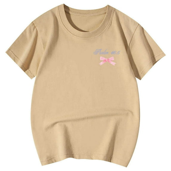 Gbsyewxs Girls Shirts Short Sleeve Crew Neck Letter Bow Print Comfortable Summer T Shirts For Kids Khaki Size 12-13 Years