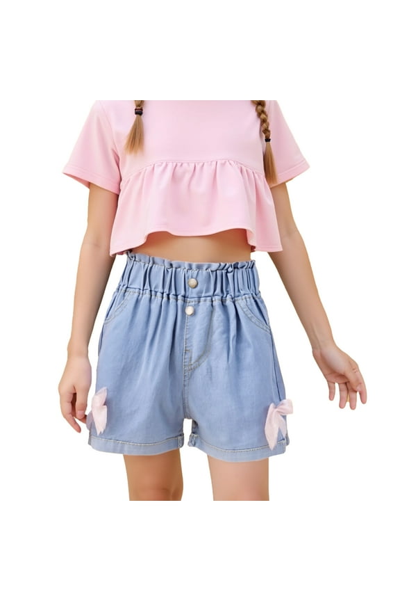 Girls Shorts Elastic Waist Denim Solid Color Pull On Button Casual Summer Toddler Girls Shorts Blue Size 3-4 Years