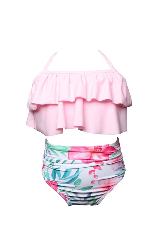 Girls Swimsuit 2 Piece Floral Leaves Print Bikini Set Beach Holiday Toddler Kids Swimsuit Pink Size 10-12 Years