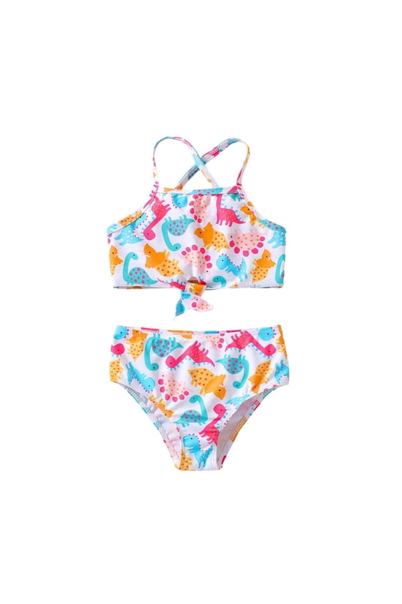 Girls Swimsuit Dinosaur Print Lace Up 2 Piece Bikini Set Cute Vacation Beach Summer Swim Suit For Girls Size 1-2 Years White