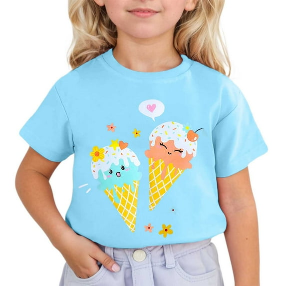 Gbsyewxs Girls Tshirts Crew Neck Short Sleeve Ice Cream Print Casual Summer Shirts For Kids Sky Blue Size 3-4 Years