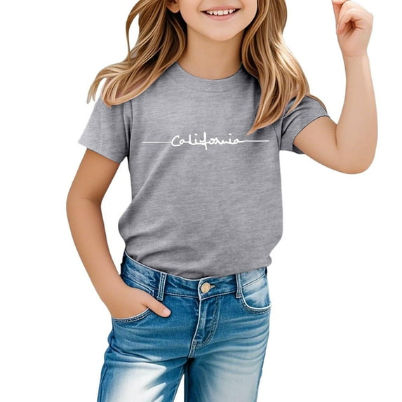 Gbsyewxs Girls Tshirts Crew Neck Short Sleeve Letter Print Casual Summer Shirts For Kids Grey Size 3-4 Years