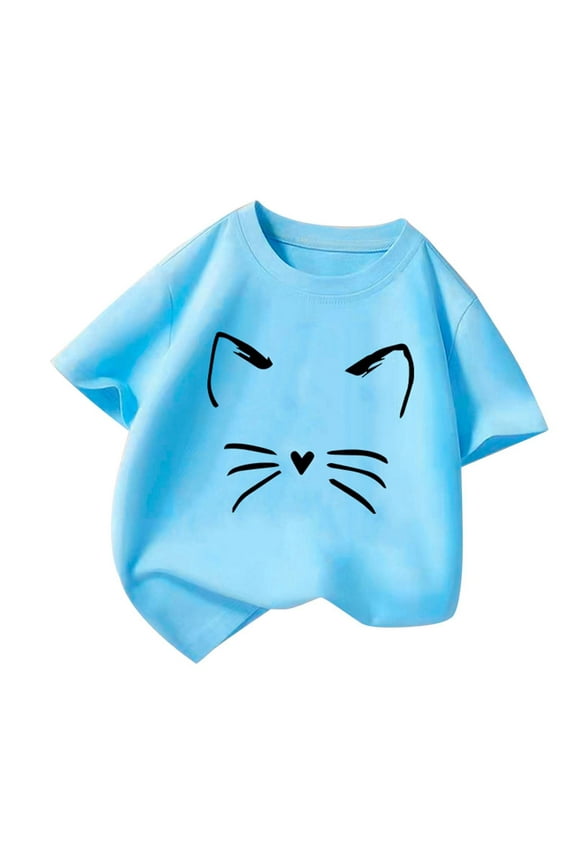 Girls Tshirts Short Sleeve Crew Neck Cartoon Cat Print Breathable Summer Shirts For Kids Blue Size 2-3 Years