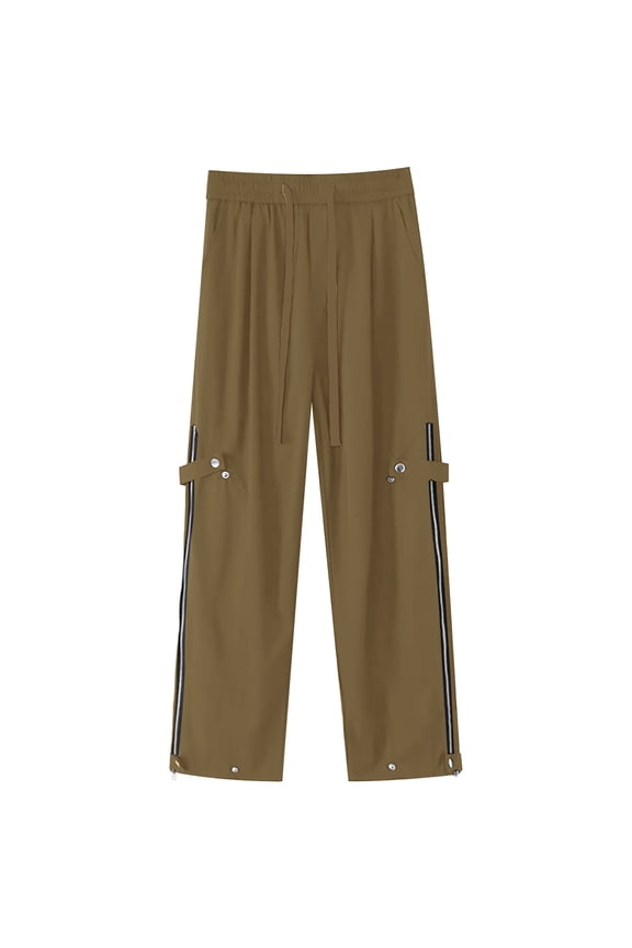 Mens Pants Elastic Waist Patchwork Side Zipper Slit Drawstring Fashion Pants For Men Brown