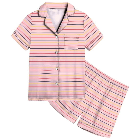 Gbsyewxs Outfits Sets For Girls 2 Piece Lapel Short Sleeve Striped Print Tops And Shorts Set Homewear Summer Toddler Clothes Pink Size 6-7 Years