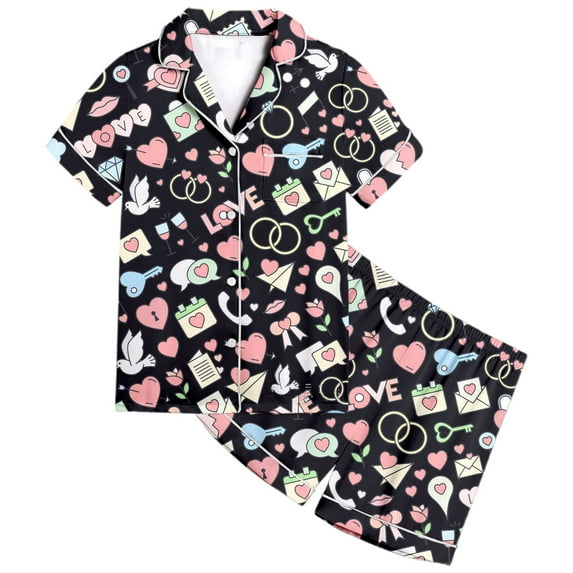 Gbsyewxs Outfits Sets For Girls 2 Piece Short Sleeve Lapel Cartoon Print Tops And Shorts Set Nightwear Summer Toddler Clothes Black Size 2-3 Years