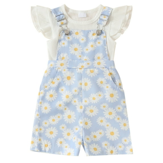 Gbsyewxs Outfits Sets For Girls 2 Piece Crew Neck Flutter Sleeve Cartoon Print Tops And Floral Print Suspenders Shorts Casual Summer Toddler Clothes Blue Size 12-18 Months