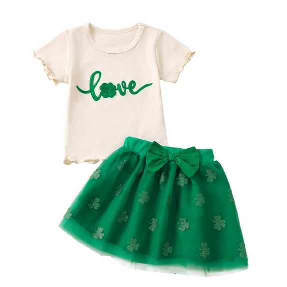 Gbsyewxs Outfits Sets For Girls 2 Piece Crew Neck Short Sleeve Letter Heart Floral Print Tops And Skirts Set Casual Summer Toddler Clothes Green Size 12-18 Months