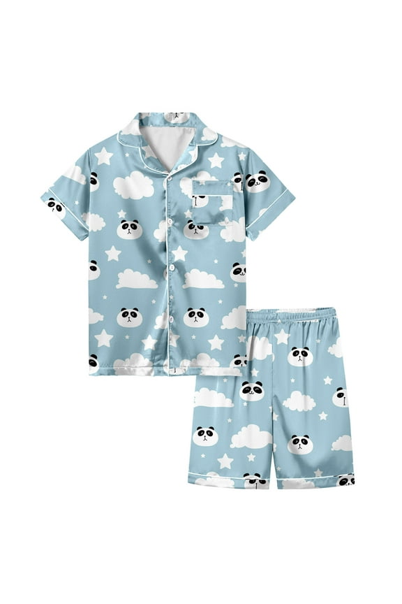 Outfits Sets For Girls Short Sleeve Lapel Cartoon Panda Cloud Print Tops And Shorts Set 2 Piece Loungewear Summer Toddler Clothes Light Blue Size 3-4 Years