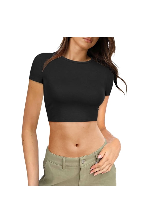 Shirts For Women Crew Neck Short Sleeve Solid Color Crop Top Casual Summer Womens T Shirt Black