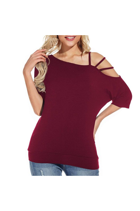 Shirts For Women Short Sleeve One Shoulder Strappy Backless Solid Color Fashion Summer Womens T Shirt Red