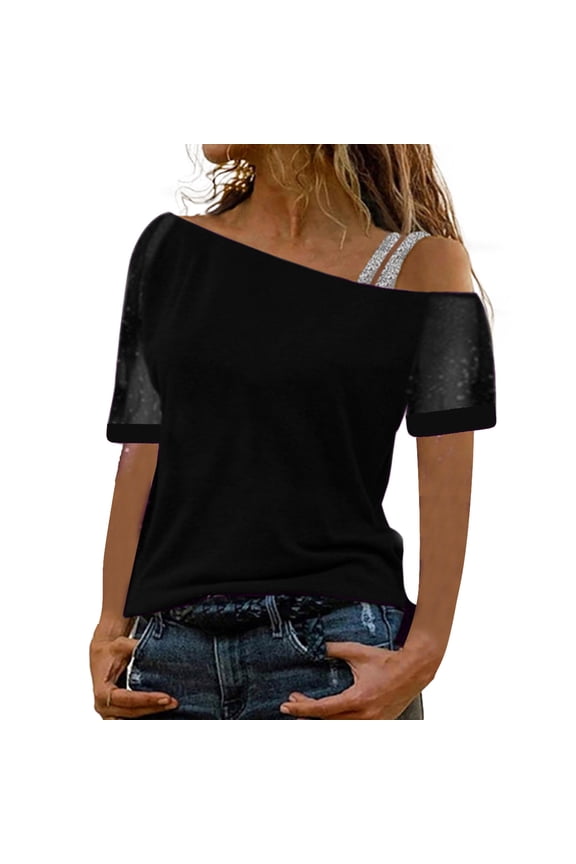 Shirts For Women Strappy Short Sleeve One Shoulder Solid Color Fashion Summer Womens T Shirt Black