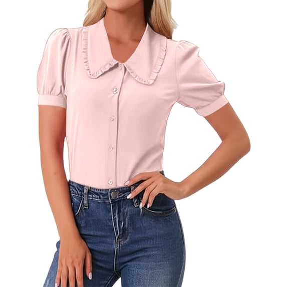 Gbsyewxs Shirts For Women V Neck Puff Sleeve Solid Color Slim Button Summer Womens T Shirt Red