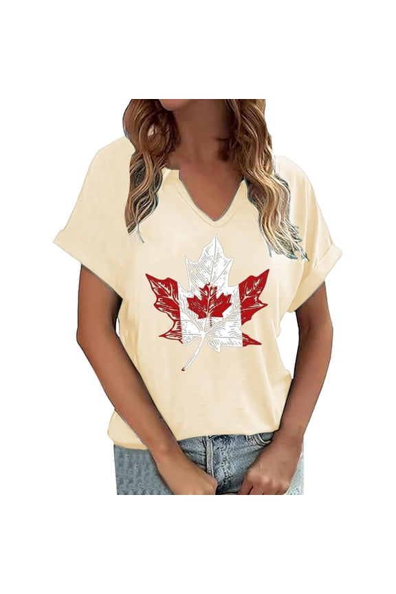 Shirts For Women V Neck Short Sleeve Canada Print Casual Summer Womens T Shirt Beige