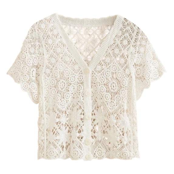 Gbsyewxs Shirts For Women V Neck Short Sleeve Solid Color Lace Knit Casual Summer Womens T Shirt White