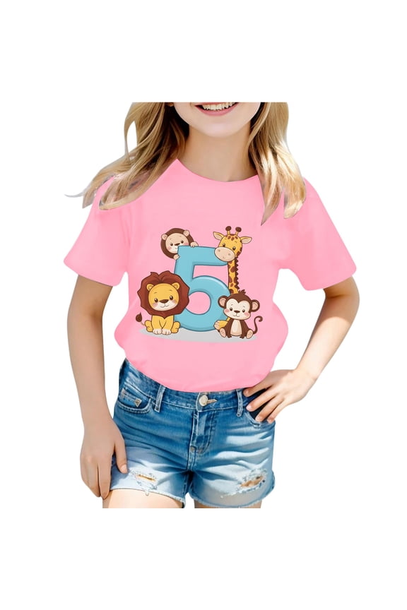 Summer T-Shirts For Infant Girls Short Sleeve Cartoon Animal Number Graphic Tshirts For Girls Crew Neck Breathable Kids Tees Size 1-2 Years Pink