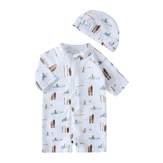 Gbsyewxs Swimsuit For Boys Short Sleeve Crew Neck Animal Print One-Piece Rashguard With Cap Zipper 2 Piece Set Quick Drying Beach Summer Toddler Swimwear White Size 2-3 Years