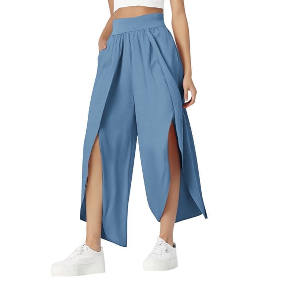 Gbsyewxs Womens Pants Solid Color High Elastic Waist Wide Leg Slit Pull On Loose Pants For Women Grey
