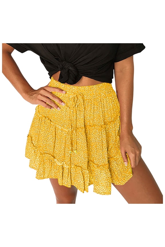Womens Skirts High Waist Ruffle Floral Print Casual Mini Skirt Summer Women'S Skirts Yellow