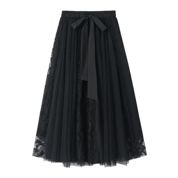 Gbsyewxs Womens Skirts Midi Skirt High Elastic Waist With Bow Tie Lace Embroidery A Line Pleated Elegant Women'S Skirts Black