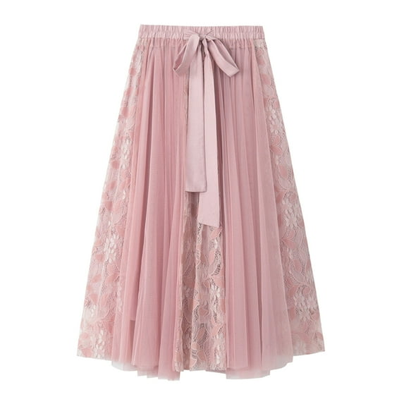 Gbsyewxs Womens Skirts Midi Skirt High Elastic Waist With Bow Tie Lace Embroidery A Line Pleated Elegant Women'S Skirts Pink