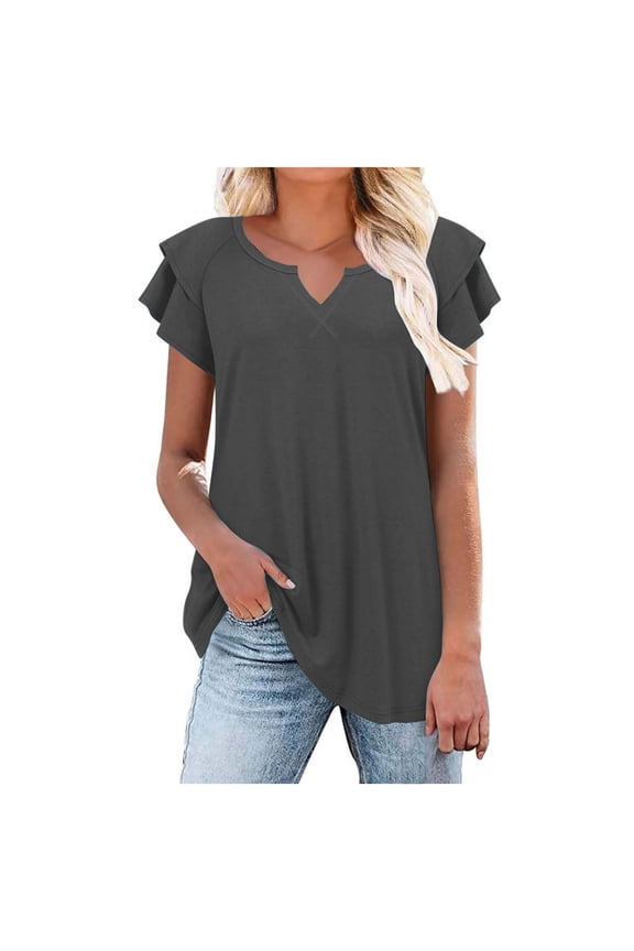 Womens Tops Double Layered Sleeve V Neck Solid Color Fashion Summer T Shirts For Women Grey