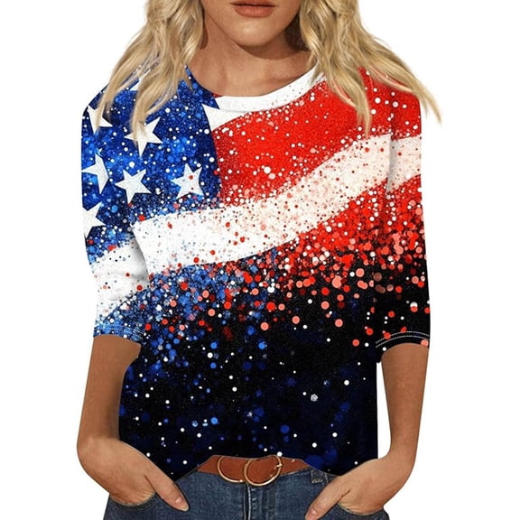 Gbsyewxs Womens Tops Fourth Of July Independence Day Crew Neck 3/4 Sleeve Printed Casual Festival 250 Anniversary USA Tops For Women Red