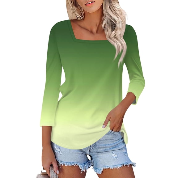 GceSteap 3/4 Sleeve Tops for Women Square Neck Summer T Shirts Casual Dressy Trendy Blouses Gradient Print Tunics Army Green XXL