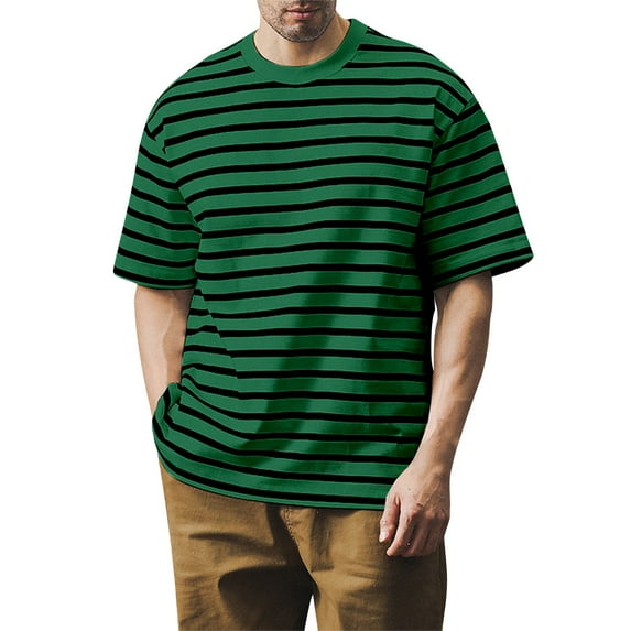 GceSteap Men's Loose T-Shirts Trendy Casual Striped Round Neck Short Sleeve Basic Tees 2024 Green XXL