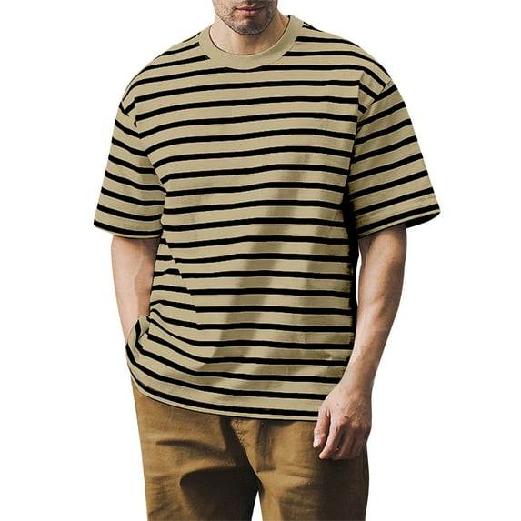 GceSteap Men's Loose T-Shirts Trendy Casual Striped Round Neck Short Sleeve Basic Tees 2024 Khaki 3XL