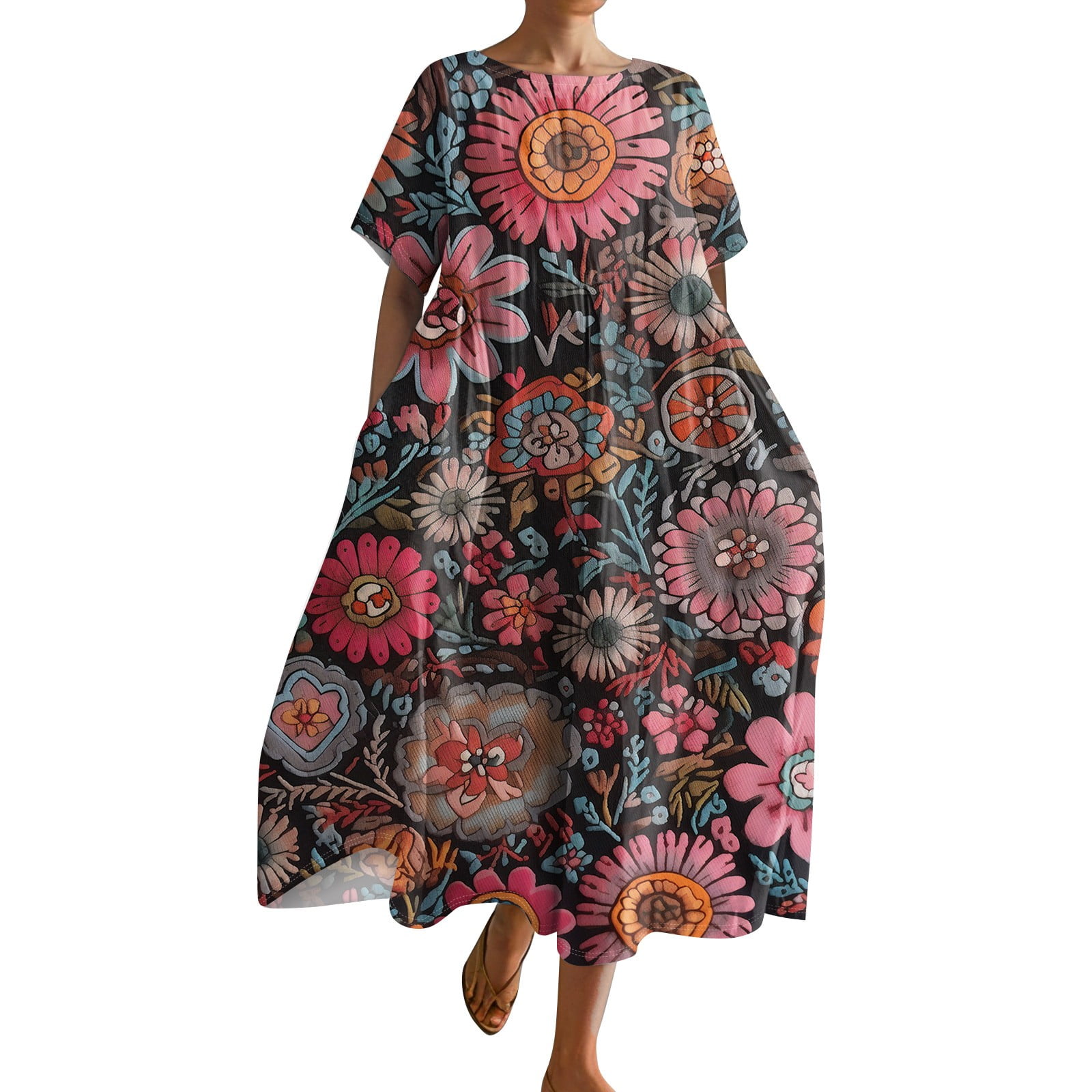 GceSteap Plus Size Linen Dresses for Curvy Women Oversized Pleated Shift Midi Dress Empire Waist