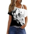 thumbnail image 1 of GceSteap Summer Shirts for Women Off The Shoulder Short Sleeve Asymmetrical Neck Tops Criss Cross Blouses Ethnic Floral Print Clothes 2024 Dark Gray 3XL, 1 of 5