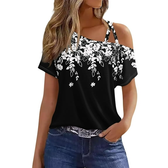 GceSteap Summer Shirts for Women Off The Shoulder Short Sleeve Asymmetrical Neck Tops Criss Cross Blouses Ethnic Floral Print Clothes 2024 Black 3XL