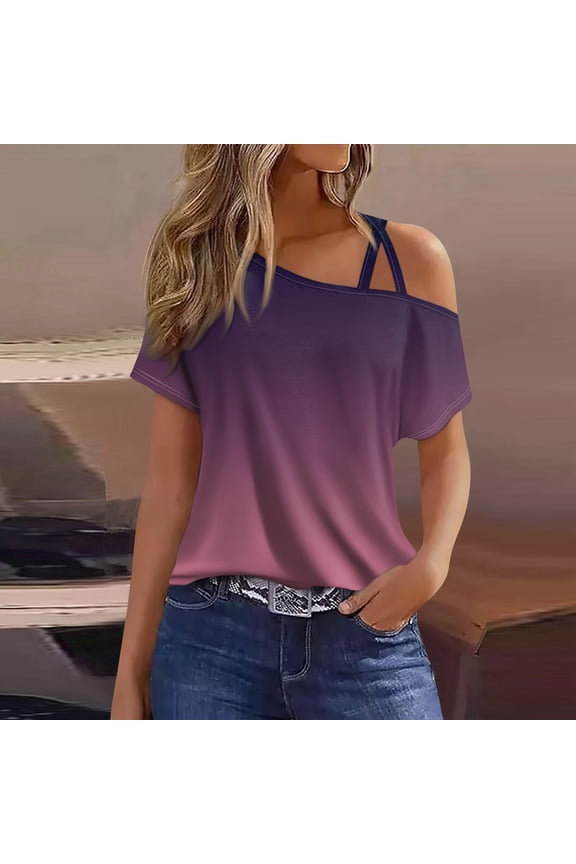 Summer Shirts for Women Off The Shoulder Short Sleeve Asymmetrical Neck Tops Criss Cross Blouses Gradient Print Clothes 2024 Dark Purple XL