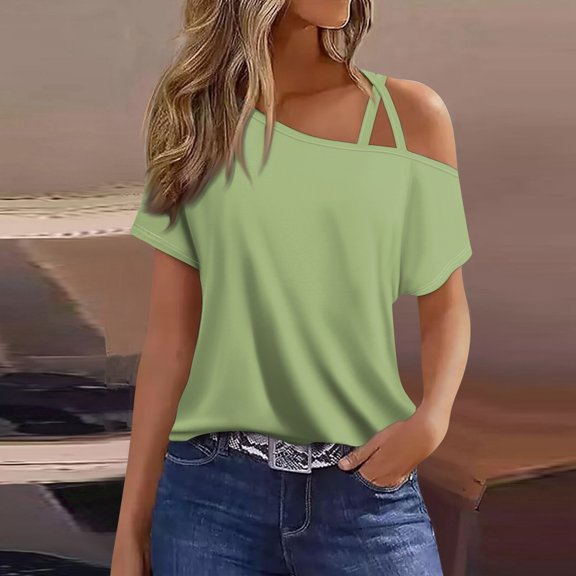 GceSteap Summer Shirts for Women Off The Shoulder Short Sleeve Asymmetrical Neck Tops Criss Cross Blouses Gradient Print Clothes 2024 Light Green L