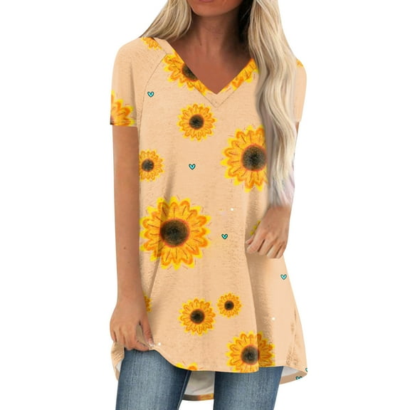 GceSteap Summer Short Sleeve Tunic Long Tops for Women Trendy Plus Size Flowy Shirts Casual Sexy V Neck Smocked Sunflower Print Blouse Earthy Yellow M