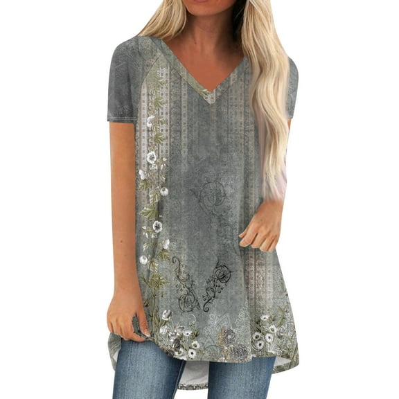 GceSteap Summer Short Sleeve Tunic Long Tops for Women Trendy Plus Size Flowy Shirts Casual Sexy V Neck Smocked Floral Blouses, Gray 5XL